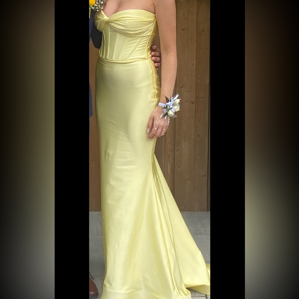 Strapless Satin Mermaid Dress - yellow. Fitted has short train.